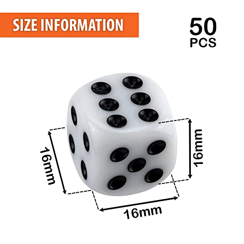 IFAMIO 50 Pack 16MM White Dice Set Acrylic Rounded Six Sided D6 Dice Cubes with Black Pips Dots for Board Games Parties Fun DIY - Image 5