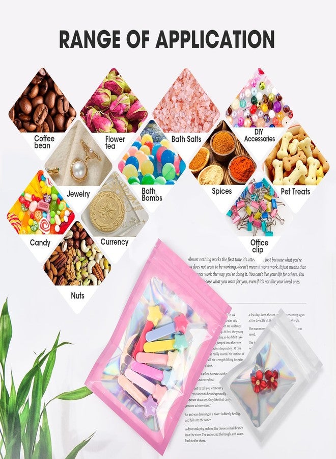 ODDIER 120PCS Smell Proof Mylar Bags,6.3"x9.5" Resealable Bag for Small Business,Holographic Packaging Bags with Clear Window,Foil Pouch Sample Snack Candy Jewelry Bag for Party Favors(Pink) - Image 4