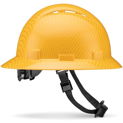 Acerpal Full Brim Vented Yellow Textured Carbon Fiber Design Gloss Finish OSHA Hard Hat with 6-Point Suspension - Image 1