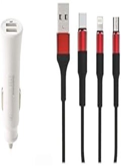 Car Essential Bundle (Remax RCC-217 Rocket Car Charger Dual USB Outputs 2.4A - White+Keendex KX 2463 3 in 1 Fast Charging and Data Transfer Cable for Type-C, Micro and iPhone, 1.2 Meters-, lightning)