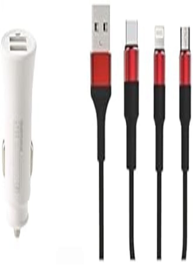 REMAX - Car Essential Bundle (Remax RCC-217 Rocket Car Charger Dual USB Outputs 2.4A - White+Keendex KX 2463 3 in 1 Fast Charging and Data Transfer Cable for Type-C, Micro and iPhone, 1.2 Meters-, lightning) - Image 1
