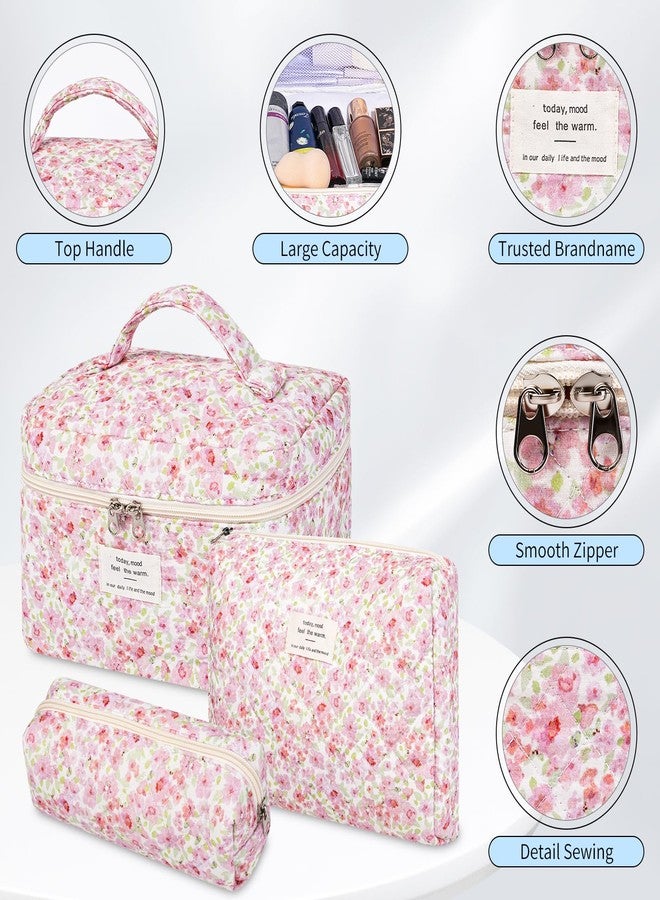 حقيبة مكياج سينبوي الزهرية، طقم من 3 حقائب مكياج قطنية مبطنة كبيرة، حقيبة مكياج أنيقة مزينة بالزهور للنساء، حقيبة تنظيم مكياج للسفر - Image 3