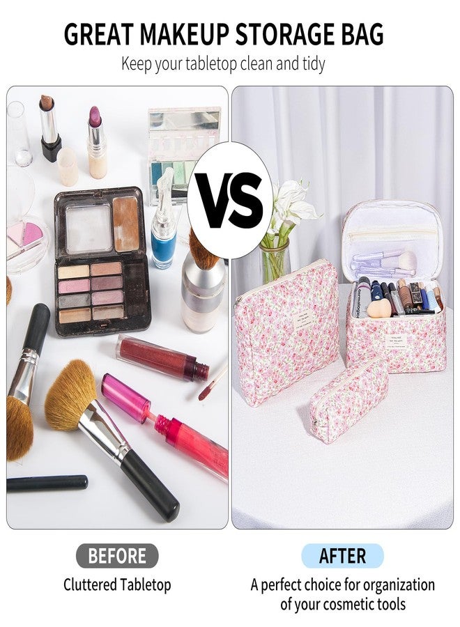 حقيبة مكياج سينبوي الزهرية، طقم من 3 حقائب مكياج قطنية مبطنة كبيرة، حقيبة مكياج أنيقة مزينة بالزهور للنساء، حقيبة تنظيم مكياج للسفر - Image 4