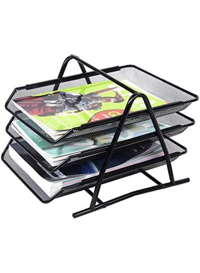 A practical and stylish 3-tier desk organizer featuring a modern black mesh design; it is specifically crafted to help you organize notes, files, magazines, and documents professionally, ensuring easy access while keeping your workspace neat and tidy. - Image 1