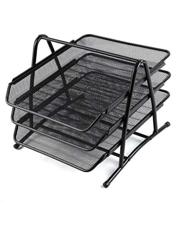 A practical and stylish 3-tier desk organizer featuring a modern black mesh design; it is specifically crafted to help you organize notes, files, magazines, and documents professionally, ensuring easy access while keeping your workspace neat and tidy. - Image 3