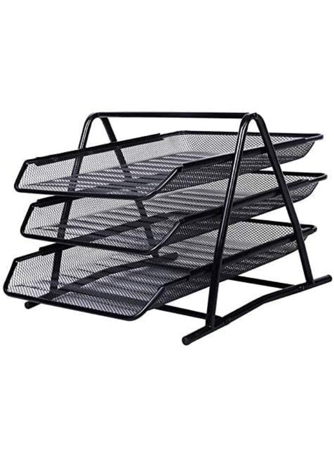 A practical and stylish 3-tier desk organizer featuring a modern black mesh design; it is specifically crafted to help you organize notes, files, magazines, and documents professionally, ensuring easy access while keeping your workspace neat and tidy. - Image 2