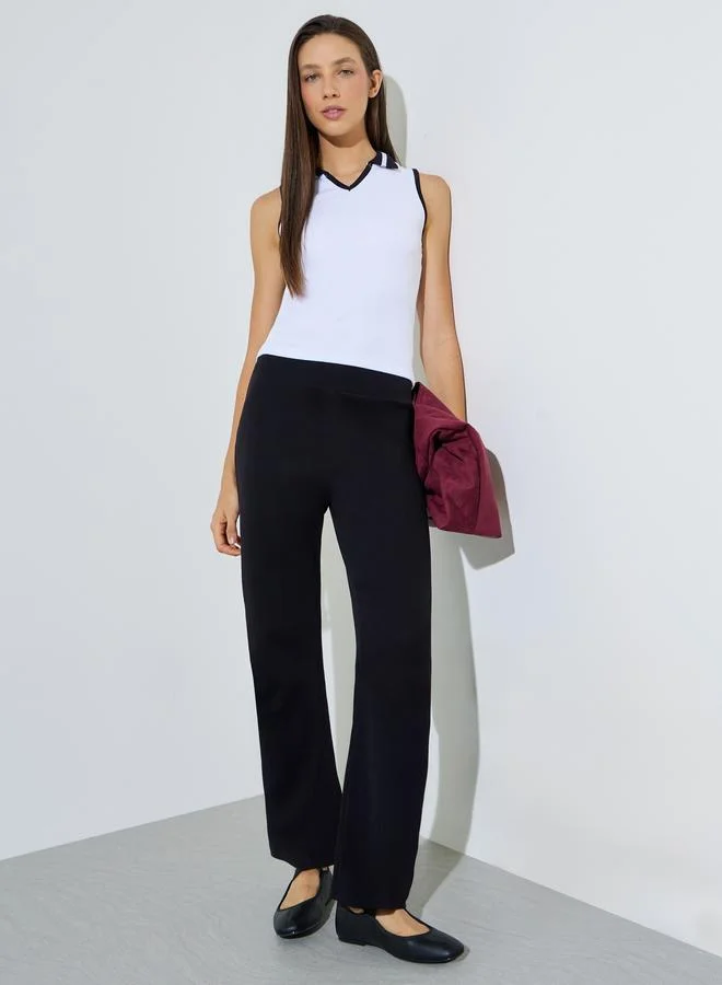 Styli White Sleeveless Contrast Polo Neck Ribbed Tank Top