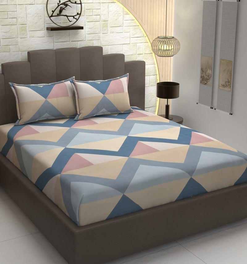 Prince Handloom Cotton Feel Glace Cotton Elastic Fitted Printed King Size Double Bed Bedsheet with 2 Pillow for Kids Room Coverm Fits Upto 8 inches MattressSize 72x78 Inches Blue  - Image 1