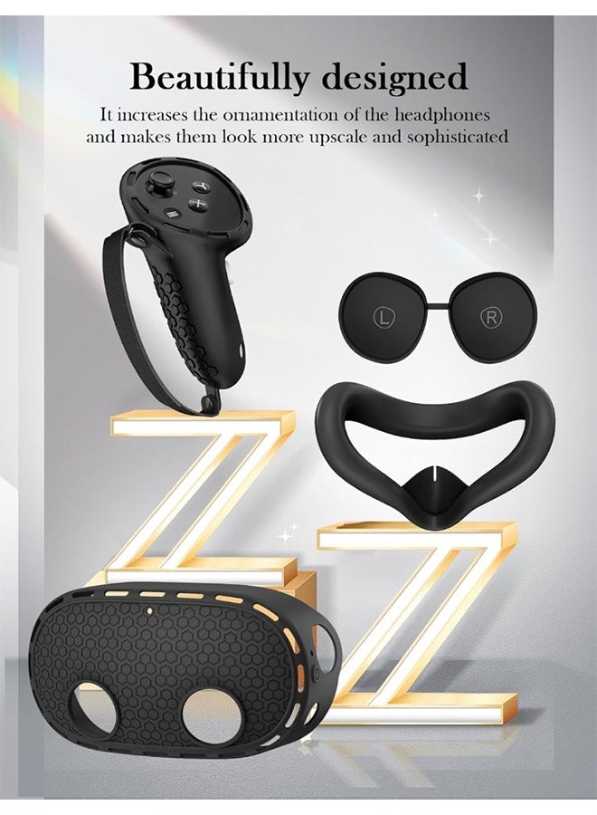 لملحقات ميتا كويست 3، غطاء وجه من السيليكون، جراب غطاء الواقع الافتراضي، متوافق مع غطاء قبضة وحدة تحكم كويست 3، غطاء حماية للعدسات، غطاء للعين للاستخدام مرة واحدة، 7 في 1 - أسود - Image 5