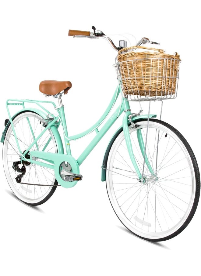 Spartan Platinum City Bike – 700c Wheels – Bikes with Gears for Women – Cruiser Bicycle for Ladies – Includes Rear Rack, Vintage Basket and Stand – Comfort Saddle – Commuter Bicycles – Desert Sage, M  - Image 1