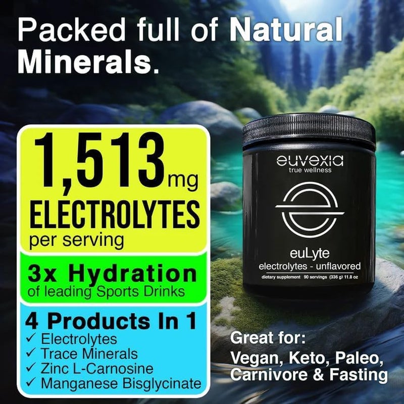 Euvexia euLyte Dr Ekberg Electolytes Powder SugarFree Hydration 90 Serv Unflavored Hydration Drink Mix 1513mg ElectrolyteServ Fasting Keto Vegan Carnivore - Image 3