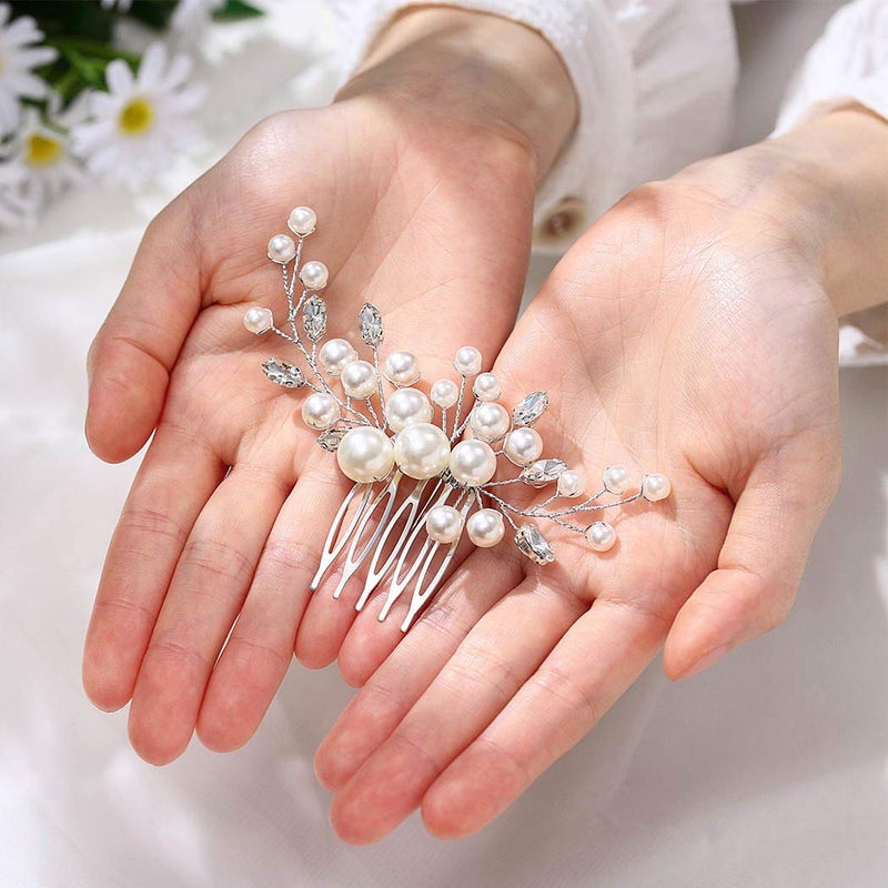 Unicra Bride Pearl Wedding Hair Comb Silver Bridal Side Comb Crystal Hair Accessorie for Women and Girls Silver