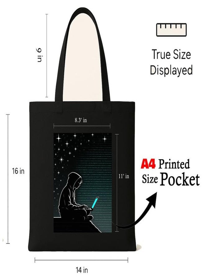 Megrok Coding Night Tote Bag for Women | Front A4 Size Printed Pocket | 16x14 Inch Programmer Cotton Bag | Overnight Hackathon Companion - Image 3
