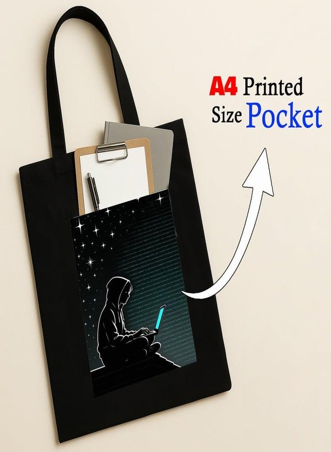Megrok Coding Night Tote Bag for Women | Front A4 Size Printed Pocket | 16x14 Inch Programmer Cotton Bag | Overnight Hackathon Companion - Image 2