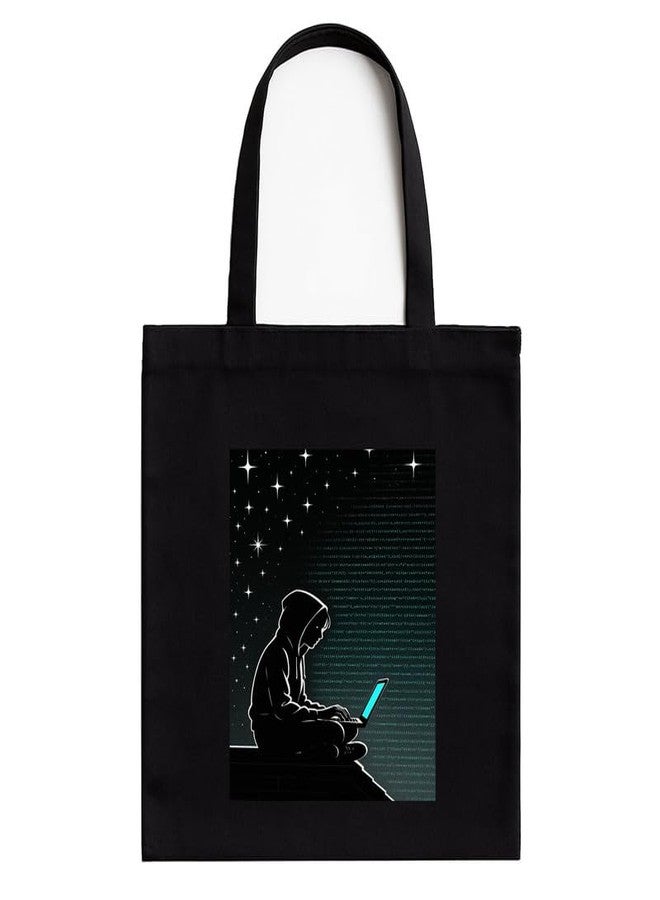 Megrok Coding Night Tote Bag for Women | Front A4 Size Printed Pocket | 16x14 Inch Programmer Cotton Bag | Overnight Hackathon Companion - Image 1