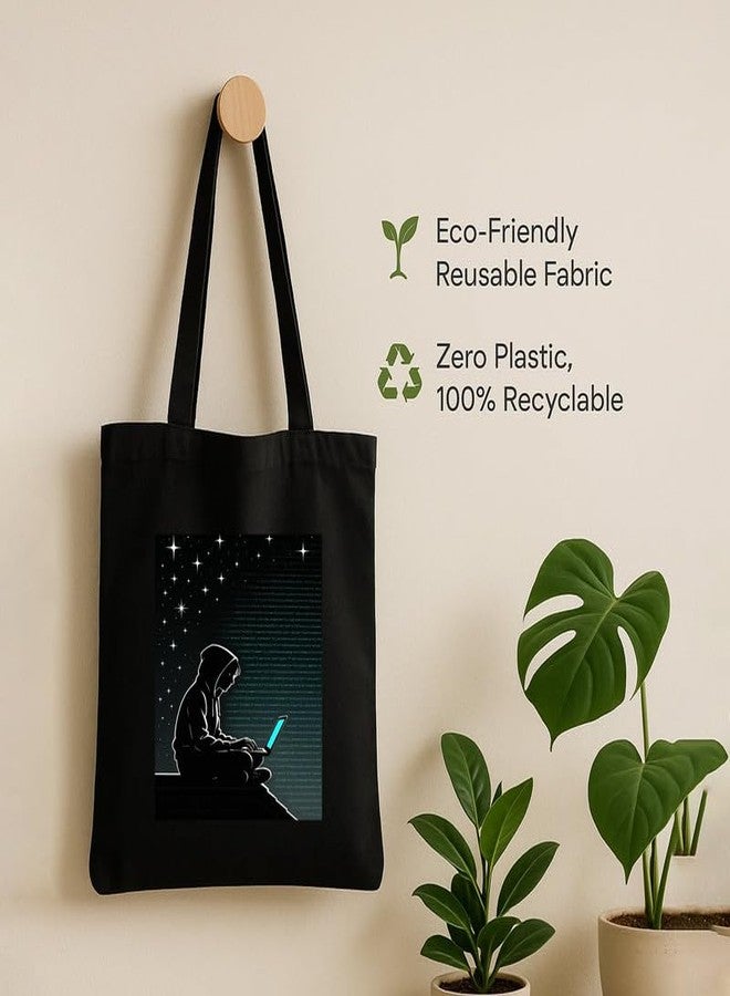 Megrok Coding Night Tote Bag for Women | Front A4 Size Printed Pocket | 16x14 Inch Programmer Cotton Bag | Overnight Hackathon Companion - Image 5