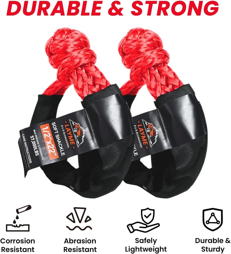 LAYME 2Pcs Soft Shackle Rope - 1/2 Inch x 22 Inch (57000lb Breaking Strength) Offroad Synthetic Soft Shackle Recovery Kit for UTV, ATV,Truck, SUV (Red) - Image 3