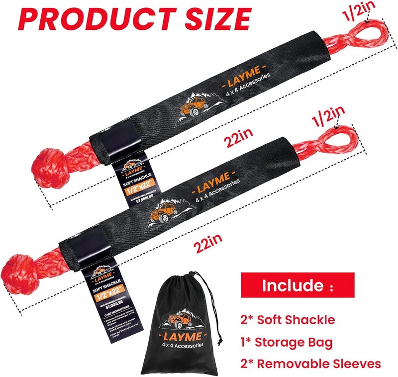 LAYME 2Pcs Soft Shackle Rope - 1/2 Inch x 22 Inch (57000lb Breaking Strength) Offroad Synthetic Soft Shackle Recovery Kit for UTV, ATV,Truck, SUV (Red) - Image 4