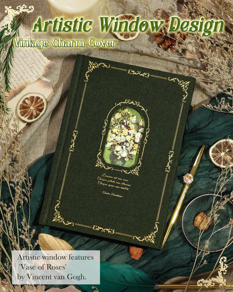 hi!SCI Thick Journal for Women & Girls, 360 Pages A5 Writing Journaling Notebook with Paintings, Women Journal for Writing, Vintage Journal with Gift Box & Pen for Women Gift Ideas (Deep Olive Green) - Image 5