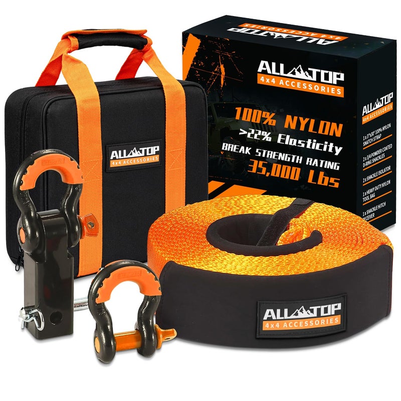 ALL-TOP طقم استرداد نايلون ALL-TOP مع مستقبل السحب: 3" × 30' (35,000 رطل) حزام سحب نايلون 100% + مستقبل سحب حلقة 2" + 3/4 حلقات ثقيلة (2 قطعة) مع عازل + حقيبة تخزين - Image 1