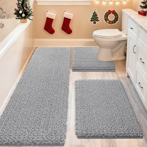 ACCUMTEK Upgrade Extra Large Light Grey Bathroom Rug Set 3 Pieces Gray Ultra Soft, Thick Absorbent Bath Mats, Non Slip Chenille Toilet Mat for Bathroom, Bedroom, Kitchen - Image 1