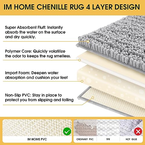 ACCUMTEK Upgrade Extra Large Light Grey Bathroom Rug Set 3 Pieces Gray Ultra Soft, Thick Absorbent Bath Mats, Non Slip Chenille Toilet Mat for Bathroom, Bedroom, Kitchen - Image 5