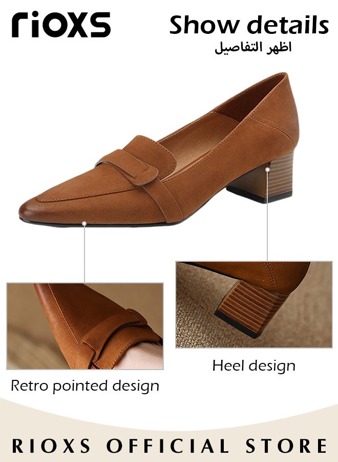 RIOXS Loafers for Women, Pointed Toe Mary Jane Shoes, Women's Retro Heeled Shoes, 5cm Low Heel Loafer Shoes for Female, Stylish Ladies Slip-Ons Pumps, Casual Dressy Shoes for Daily Wear, Classic Penny Loafers for Office Work Business Formal Occasions, Brown Womens Footwear - Image 4