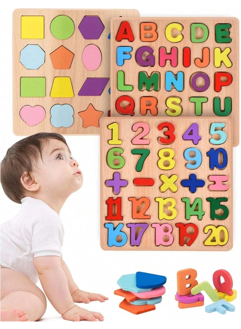 Puzzles for Toddlers, 3 Pack Wooden ABC Alphabet Number Shape Puzzles Toddler Learning Toys for Kids 2-4 Years Boys Girls, Montessori Preschool Educational Gift Learning Letter Puzzles Toys Ages 1-3  - Image 1