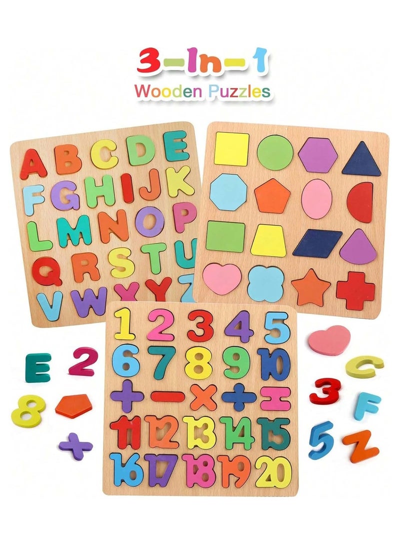 Puzzles for Toddlers, 3 Pack Wooden ABC Alphabet Number Shape Puzzles Toddler Learning Toys for Kids 2-4 Years Boys Girls, Montessori Preschool Educational Gift Learning Letter Puzzles Toys Ages 1-3  - Image 2