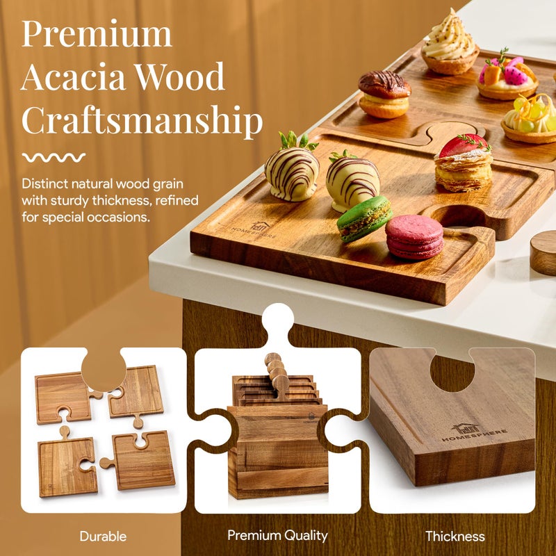 Homesphere Wooden Charcuterie Boards, Appetizer Tray for Parties & Cutting Board with Handle, Set of 4, Acacia Wood Board, Wine Gifts, Wine Accessories, Interlocking Puzzle Serving Tray w/Storage Box - Image 5