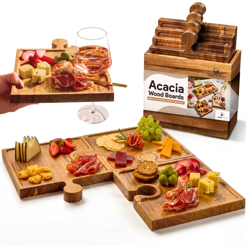 Homesphere Wooden Charcuterie Boards, Appetizer Tray for Parties & Cutting Board with Handle, Set of 4, Acacia Wood Board, Wine Gifts, Wine Accessories, Interlocking Puzzle Serving Tray w/Storage Box - Image 1