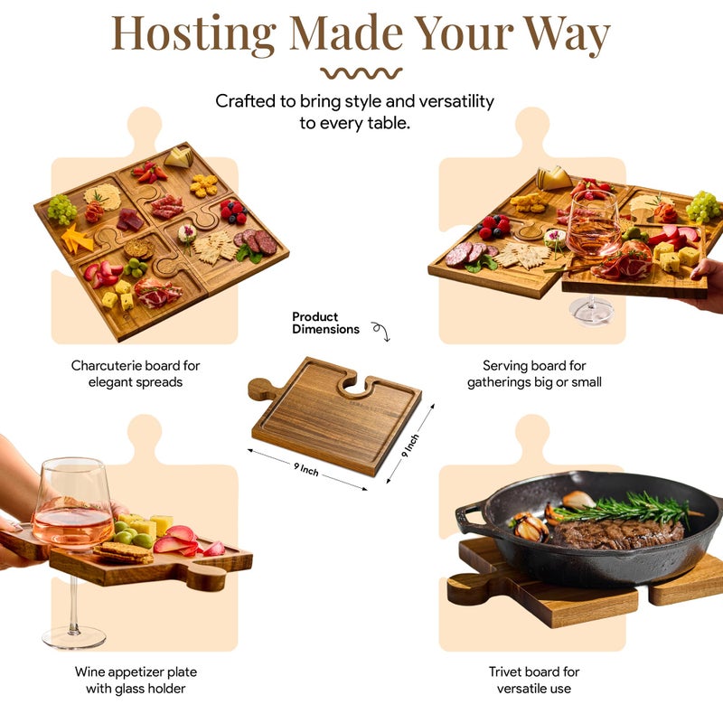 Homesphere Wooden Charcuterie Boards, Appetizer Tray for Parties & Cutting Board with Handle, Set of 4, Acacia Wood Board, Wine Gifts, Wine Accessories, Interlocking Puzzle Serving Tray w/Storage Box - Image 2