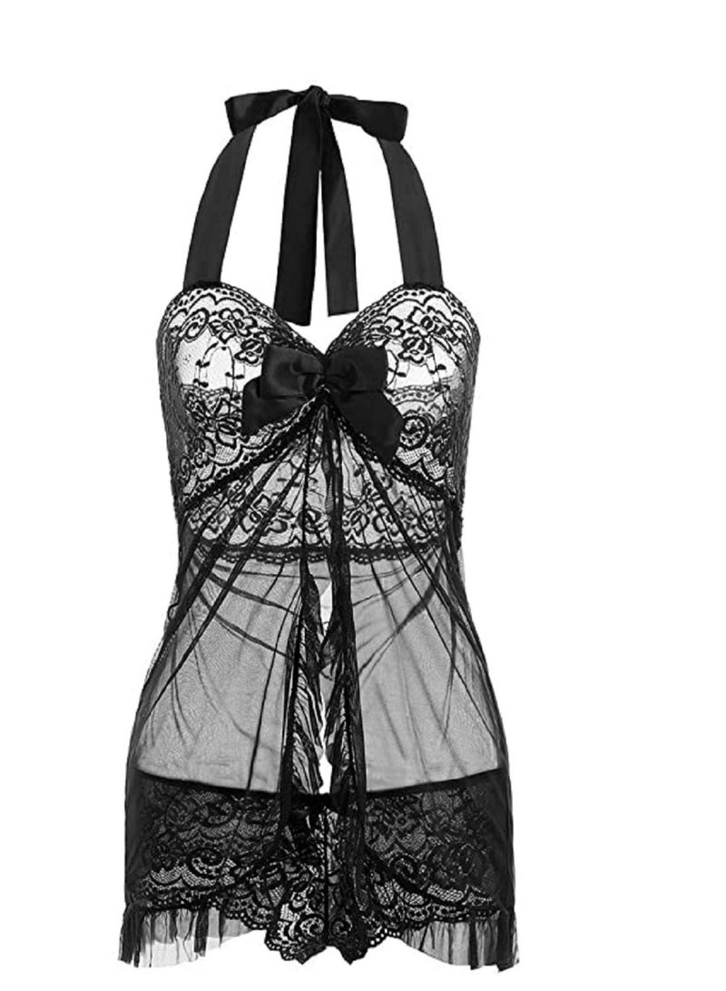 Women Lace Halter Front Open Sleepwear Night Dress 