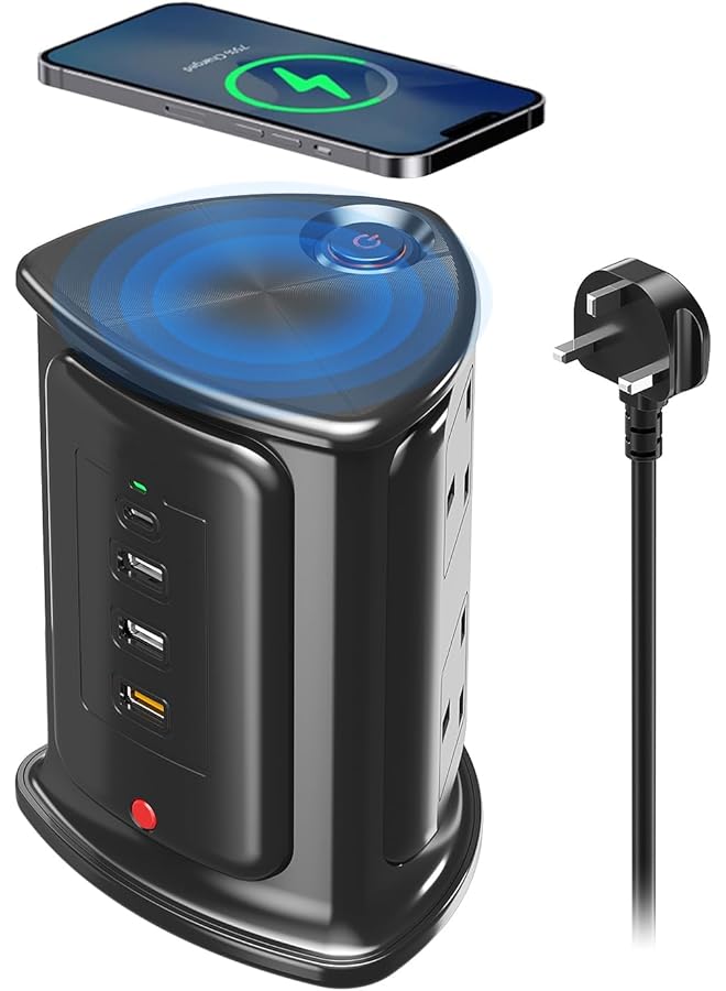 promass Extension Lead Tower with 10W Wireless Charger 4 AC Outlets with 1 Type C PD 18W & 3 USB A (5V/3.1A) Charging Station 2M 1050J Power Strip Surge Protector for Home, Office, Dorm Accessories