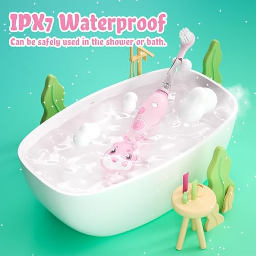 Seago فرشاة أسنان كهربائية قابلة لإعادة الشحن للأطفال من SEAGO، فرشاة كهربائية للأطفال الصغار مع شحن مغناطيسي، ضوء LED للمراقبة، 8 رؤوس فرشاة للأسنان للأعمار 2-4-6 للأولاد والبنات (وردي) - Image 4