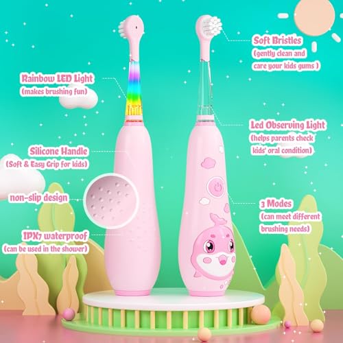 Seago فرشاة أسنان كهربائية قابلة لإعادة الشحن للأطفال من SEAGO، فرشاة كهربائية للأطفال الصغار مع شحن مغناطيسي، ضوء LED للمراقبة، 8 رؤوس فرشاة للأسنان للأعمار 2-4-6 للأولاد والبنات (وردي) - Image 3