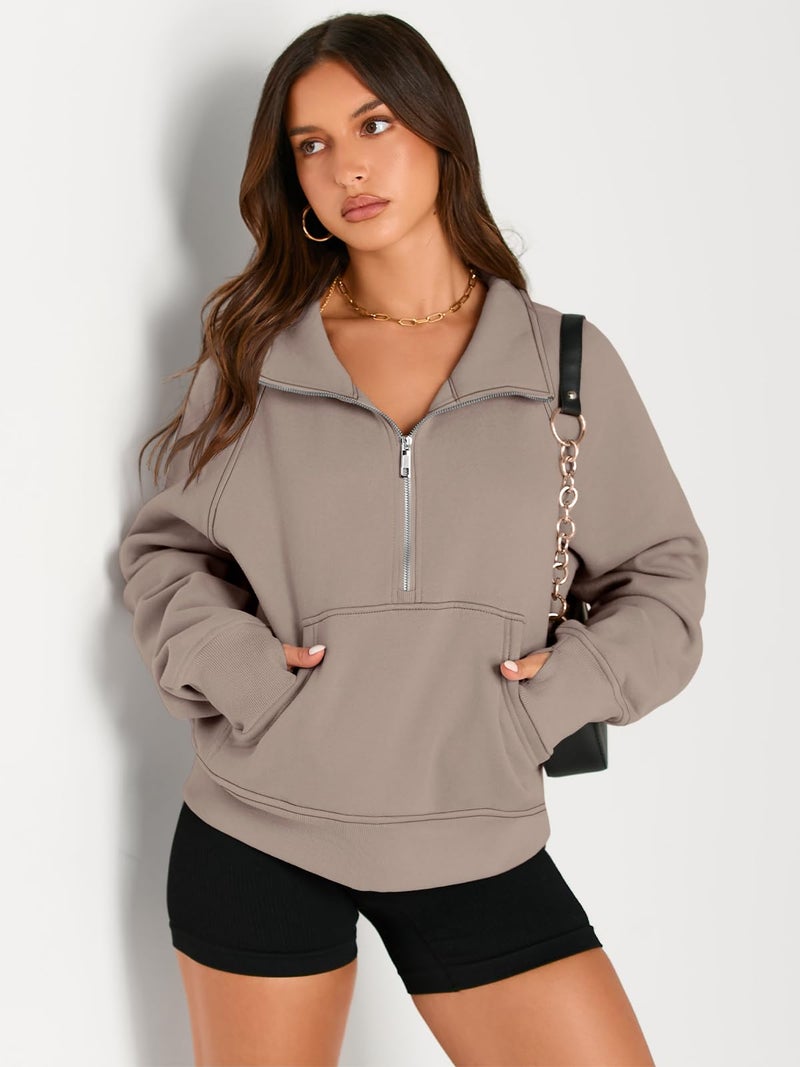AUTOMET Womens Sweatshirts Half Zip Cropped Pullover Fleece Quarter Zipper Sweater Hoodies 2025 Fall Fashion Outfits Clothes Coffeegrey Large - Image 3