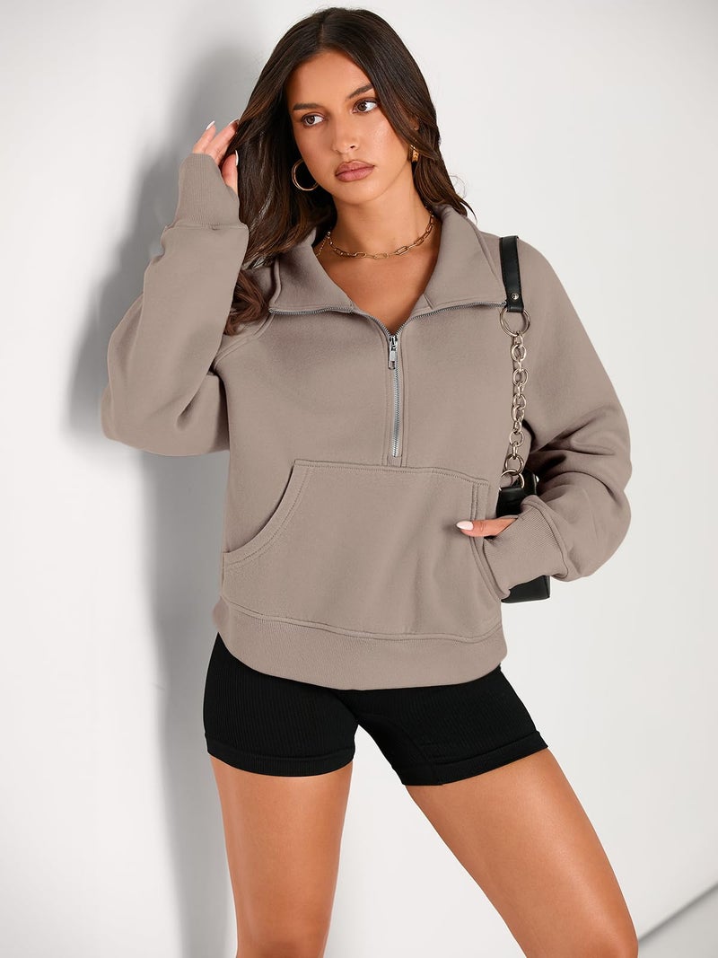 AUTOMET Womens Sweatshirts Half Zip Cropped Pullover Fleece Quarter Zipper Sweater Hoodies 2025 Fall Fashion Outfits Clothes Coffeegrey Large - Image 2