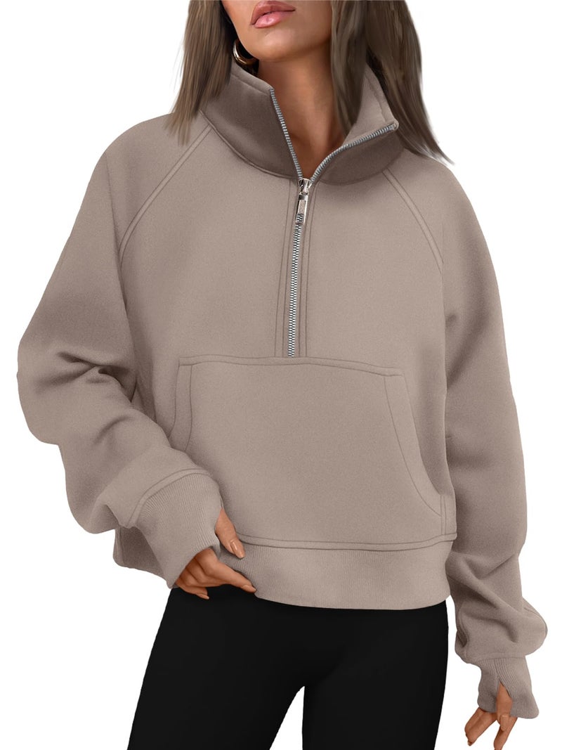 AUTOMET Womens Sweatshirts Half Zip Cropped Pullover Fleece Quarter Zipper Sweater Hoodies 2025 Fall Fashion Outfits Clothes Coffeegrey Large - Image 1