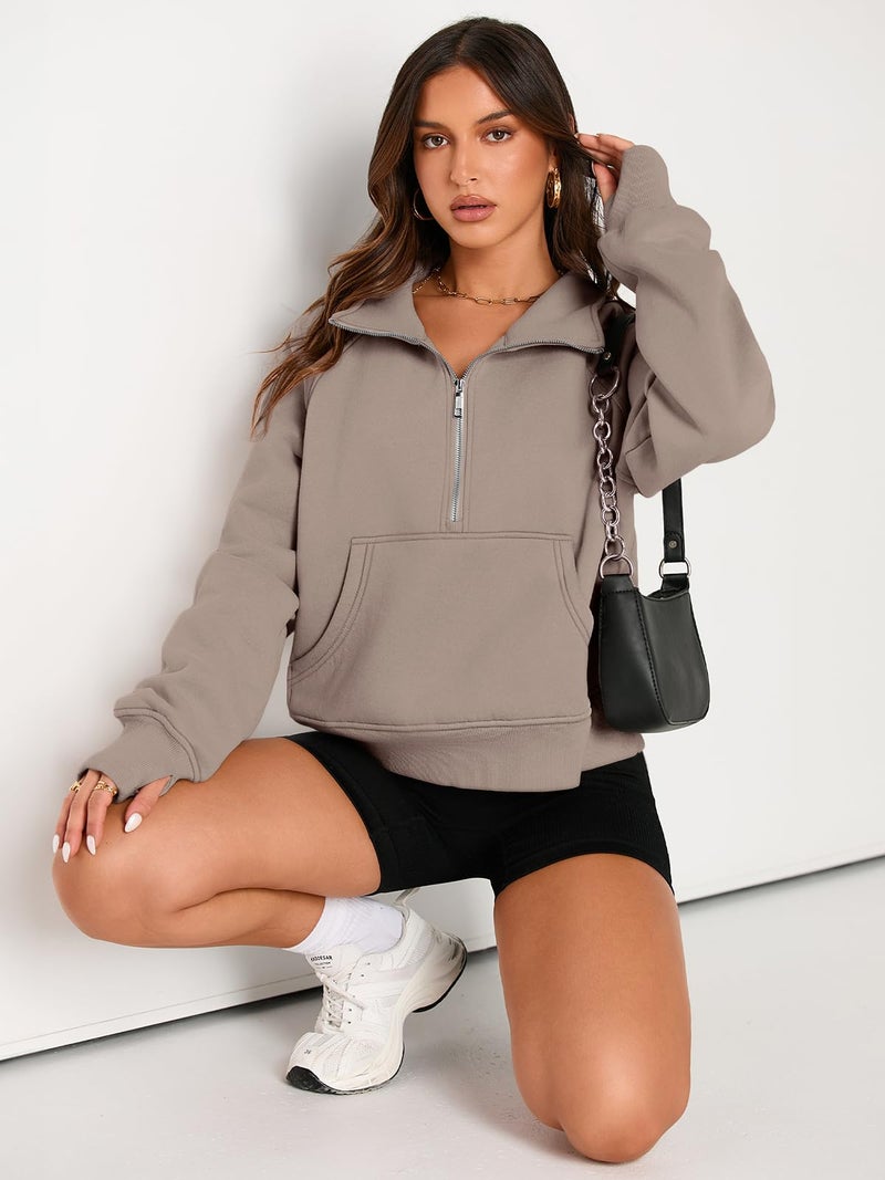 AUTOMET Womens Sweatshirts Half Zip Cropped Pullover Fleece Quarter Zipper Sweater Hoodies 2025 Fall Fashion Outfits Clothes Coffeegrey Large - Image 4