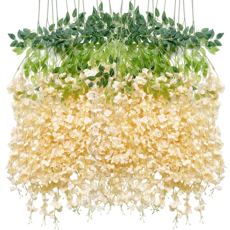 WONICE Artificial Wisteria Hanging Flowers-Fake Wisteria Flower Garland Silk Vines Rattan Decor for Home Wedding Arch Wall Garden Greenery Bedroom Outdoor Office Party Decoration (12, Champagne) - Image 1