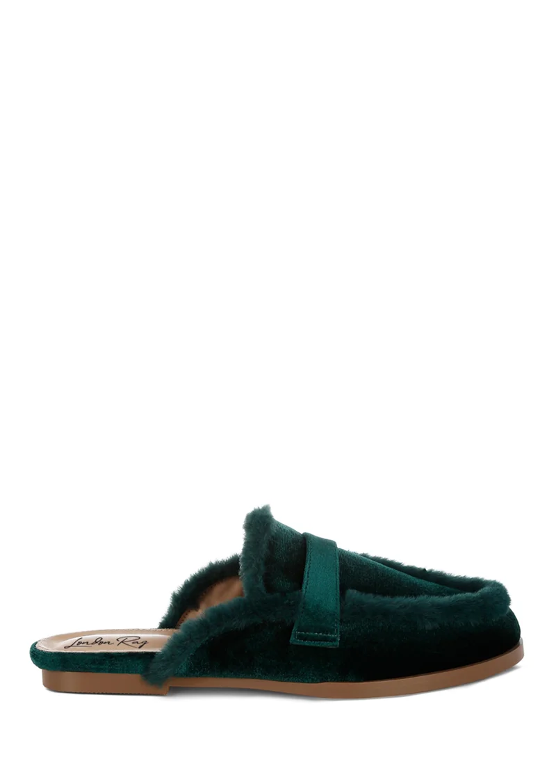 London Rag Fur Detail Velvet Slip-On Mules in Bottle Green