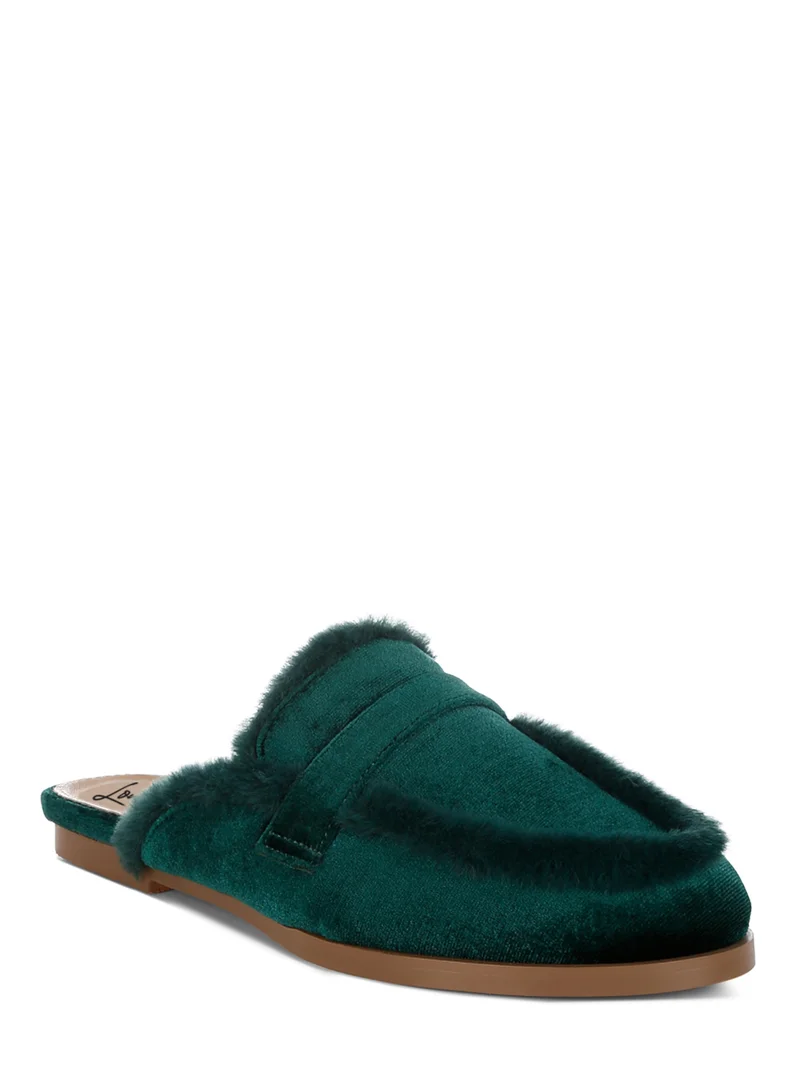 London Rag Fur Detail Velvet Slip-On Mules in Bottle Green