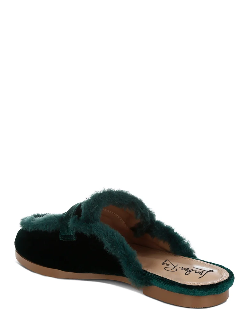 London Rag Fur Detail Velvet Slip-On Mules in Bottle Green