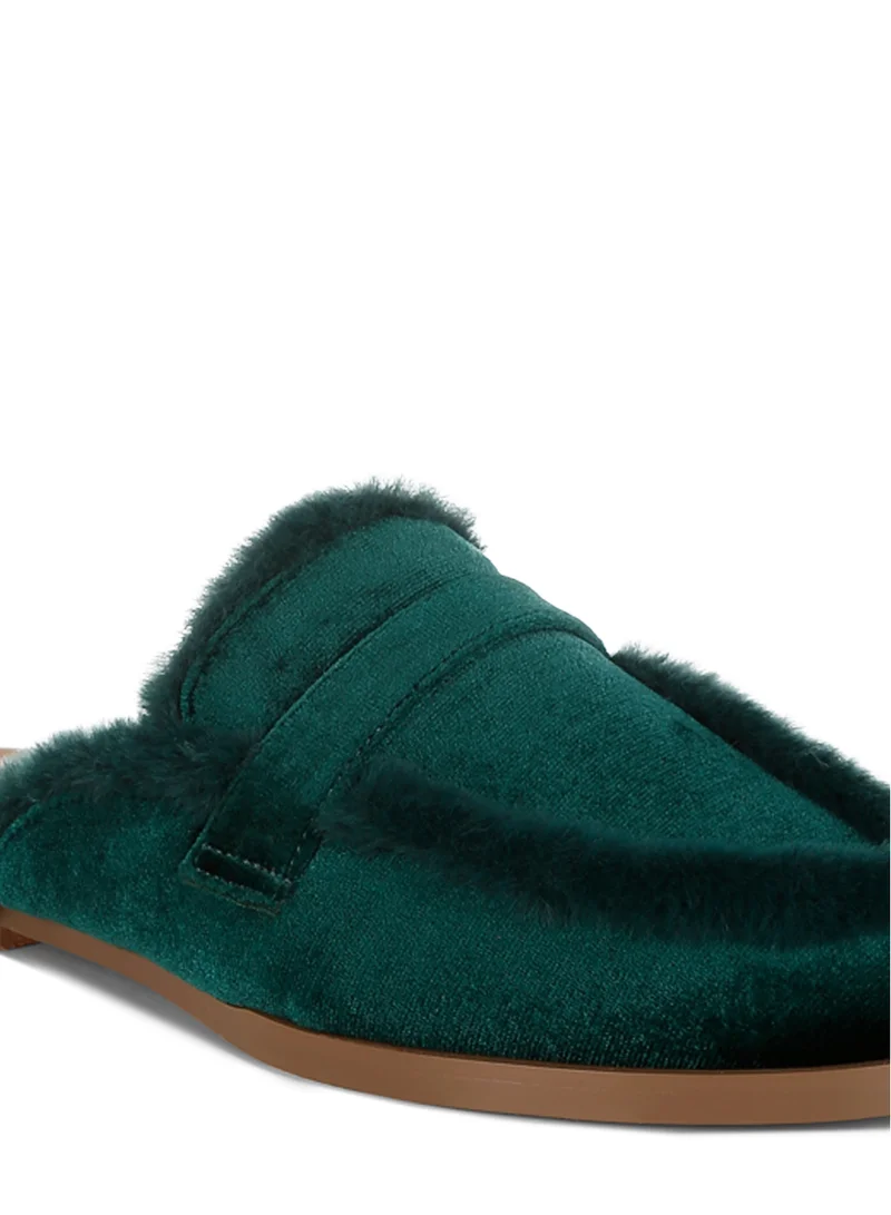 London Rag Fur Detail Velvet Slip-On Mules in Bottle Green