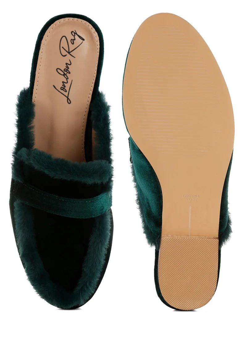 London Rag Fur Detail Velvet Slip-On Mules in Bottle Green