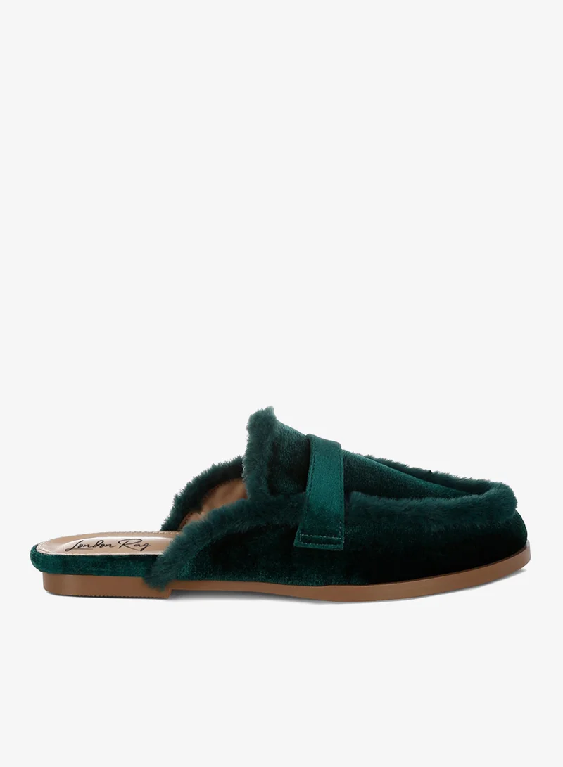 Fur Detail Velvet Slip-On Mules in Bottle Green