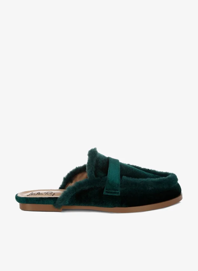 London Rag Fur Detail Velvet Slip-On Mules in Bottle Green