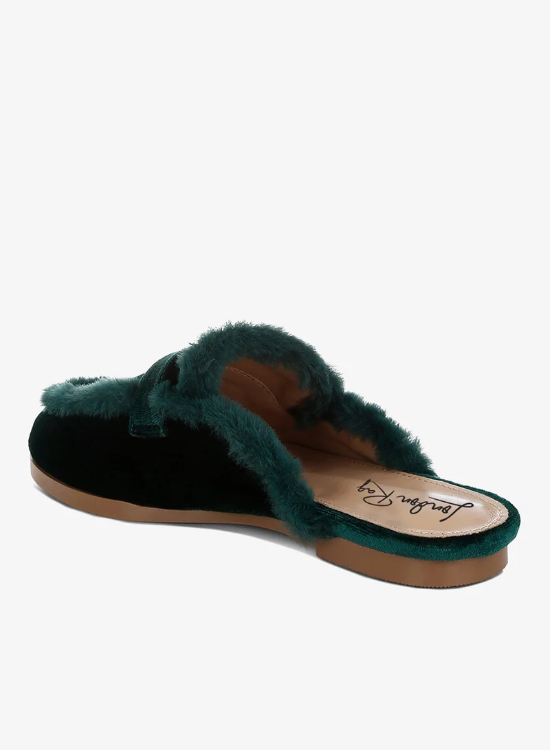 London Rag Bottle Green Fur Detail Velvet Slip-On Mules in Bottle Green for Women | Best Price UAE
