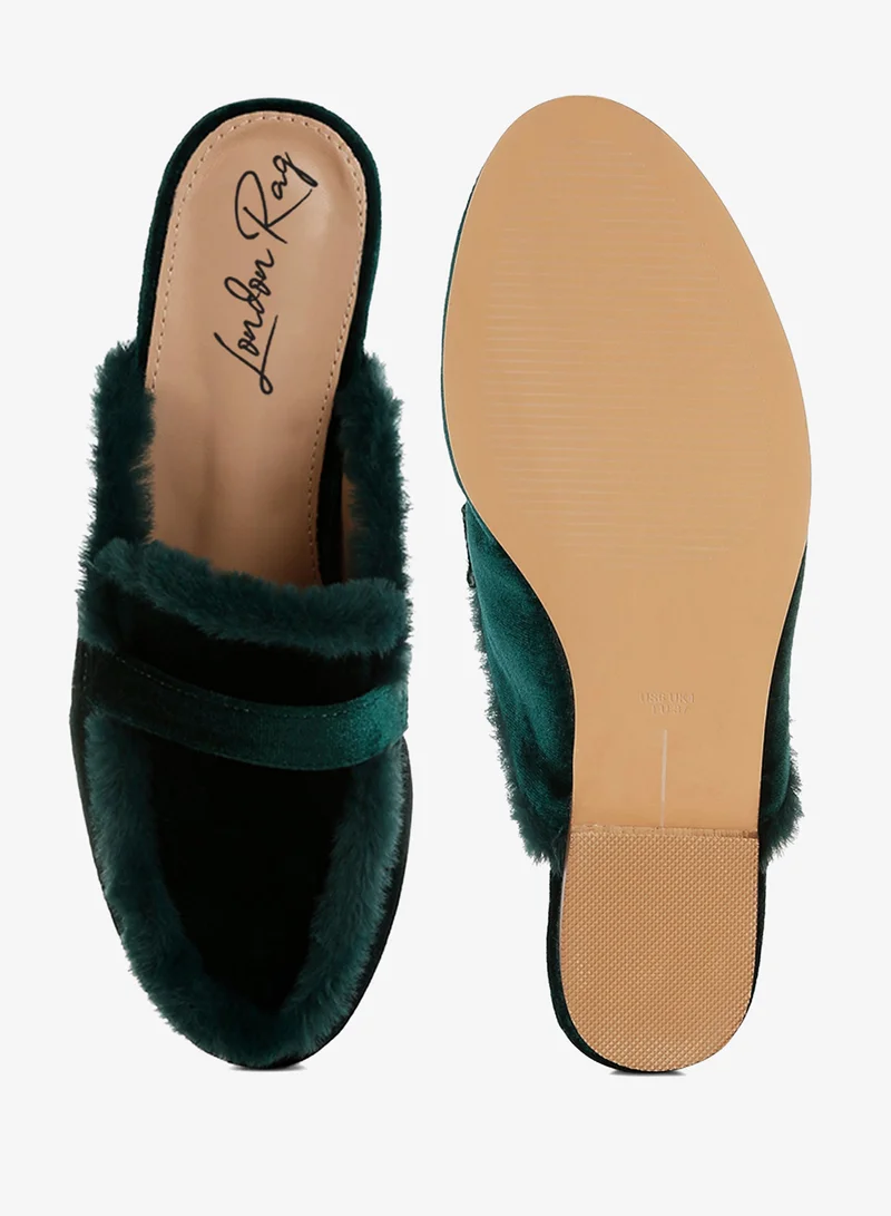 London Rag Bottle Green Fur Detail Velvet Slip-On Mules in Bottle Green for Women | Best Price UAE